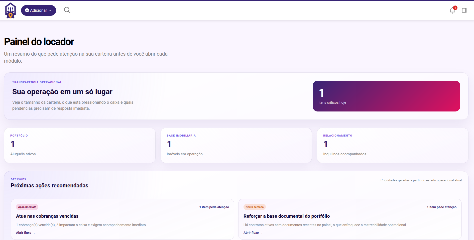 Painel do software Moratto para gestão de aluguéis